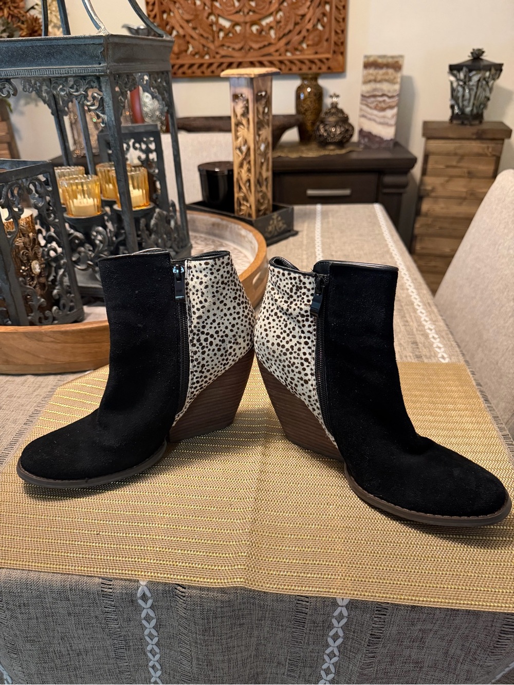Very Volatile Black Suede Wedge Ankle Boots with Speckled Back